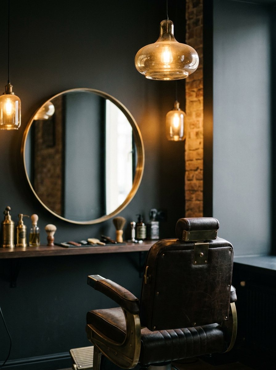 Warm ingerichte herenkapsalon van TP's Hairdesign met een leren barbierstoel en brasskleurige spiegel